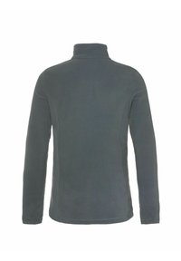 Suéter de forro polar gris con cuello alto, mangas largas y textura suave. Sin costuras visibles ni patrones notables.