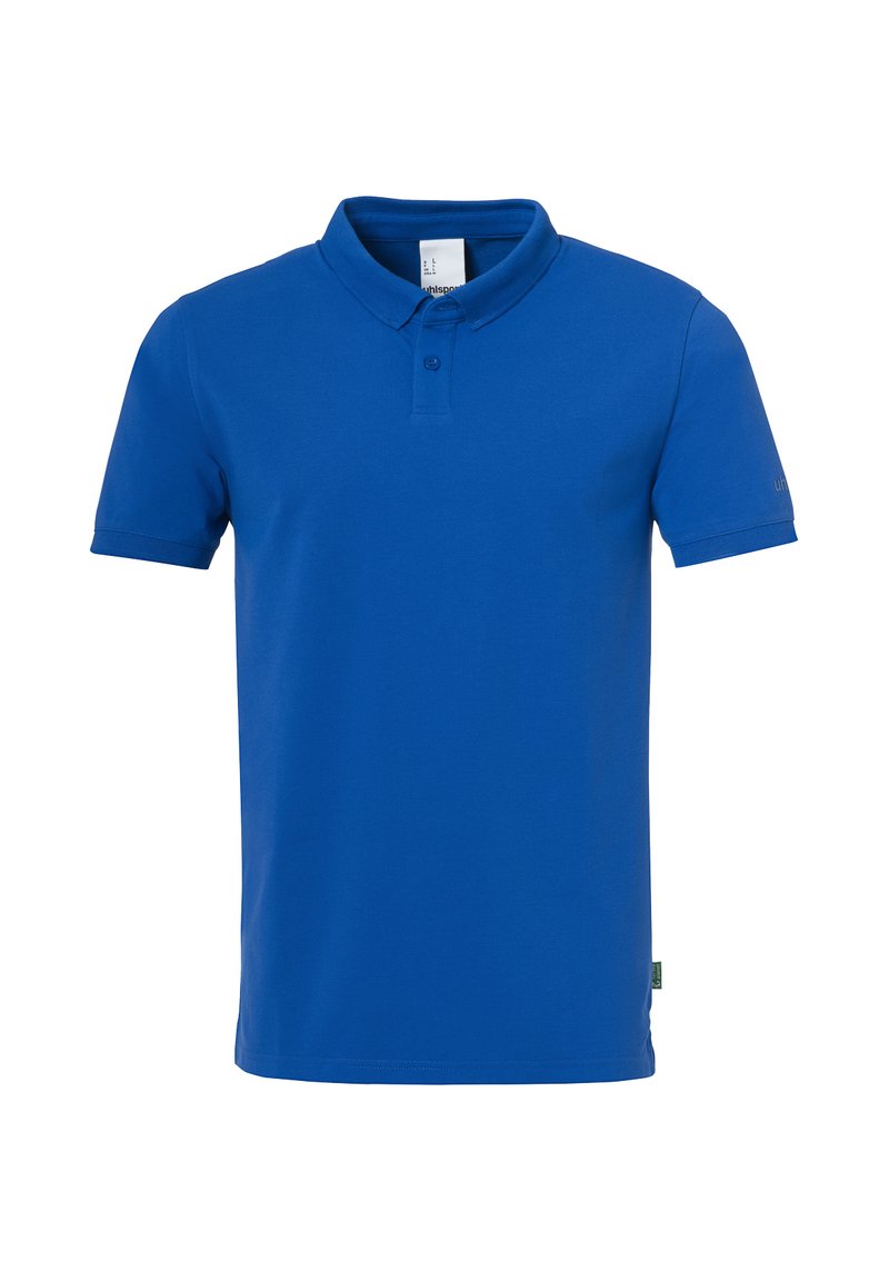 Blå kortærmet polo med krave og to-knaps placket, præsenteret mod en hvid baggrund.