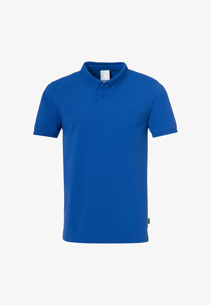 Blå kortærmet polo med krave og to-knaps placket, præsenteret mod en hvid baggrund.