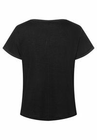 Schwarzes T-Shirt mit kurzen Ärmeln aus weichem Stoff, ausgestattet mit einem runden Ausschnitt und einem entspannten Schnitt sowie einem geraden Saum.