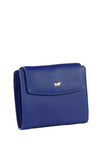 Portafoglio in pelle blu con finitura testurizzata, dotato di un accento logo in argento sulla patta frontale e più slot per carte all'interno.