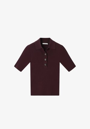 Polo en maille côtelée à manches courtes de couleur bordeaux foncé avec trois boutons et un col, présenté sur un fond blanc.