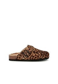 Zoccoli con stampa leopardata, foderati in morbido pellicciotto, con hardware in metallo nero, suola in sughero e suola esterna in gomma nera; design slip-on.
