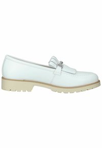 Hvide læder loafers med frynseaccent og gummisål. Har en syet søm og en lav, struktureret beige platform.