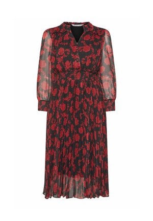 Vestido negro fluido con patrón floral rojo, mangas largas y transparentes, botonera, cintura fruncida y falda plisada. Tela suave y ligera.
