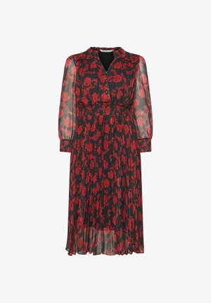 Vloeiende zwarte jurk met een rood bloemenpatroon, lange doorzichtige mouwen, knoopsluiting, Gathered taille en geplooide rok. Glad, lichtgewicht stof.