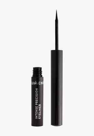 Musta nestemäinen silmänrajauskynä tarkalla kärkisovittimella ja sylinterimäisessä astiassa, jossa lukee "Intense Precision Eyeliner".
