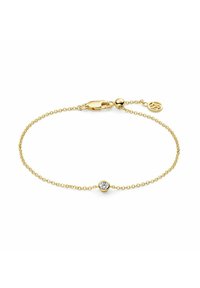 Känslig guld kedjearmband med en enda rund diamant i mitten och en krabbklo-låsning med en liten varumärkeslogotyp charm.