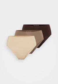 Three seamless women's high-waist briefs in beige, taupe, and dark brown, arranged overlapping on a white background.