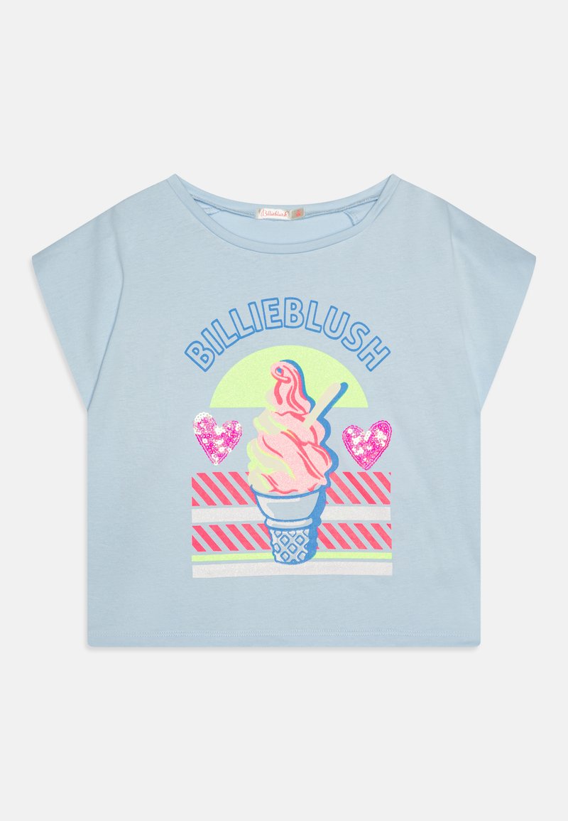 Világoskék pamut póló rövid ujjakkal, jégkrém tölcsér grafikával, csillogó szívekkel és színes "BILLIEBLUSH" felirattal.