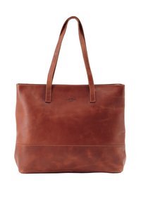 Bruine leren totebag met twee lange handvatten, een gladde textuur en een eenvoudig, rechthoekig ontwerp. Bevat een reliëflogo aan de voorkant.