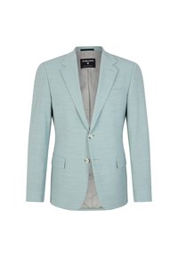 Light blue blazer made of textured fabric, featuring a single button closure, notched lapels, and two front pockets. Lined interior.