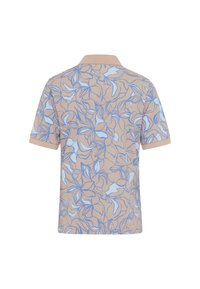Kurzarm-Polo in hellem Beige mit blauem Blumenmuster. Verfügt über einen klassischen Kragen und eine lockere Passform mit glattem, weichem Stoff.