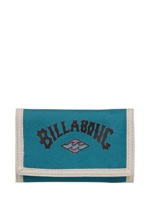 Folded blue fabric wallet with white trim and black "Billabong" text above a blue and pink wave logo on the front flap.