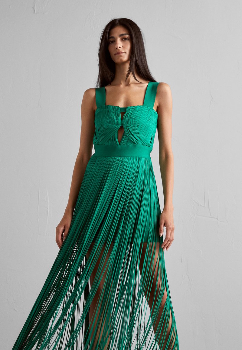 herve leger fringe dress green THE GRACIE MIDI DRESS