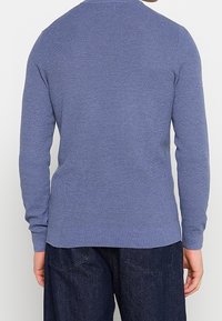 Blauwe gebreide trui met ronde hals en geprofileerde stof. Lange mouwen en geribde zoom. Gecombineerd met donkere spijkerbroek, gezien van achteren.