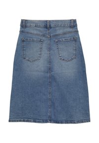 Jeansrock in Hellblau mit tailliertem Bund, A-Linie, zwei Gesäßtaschen und dezentem Fading im Stoff.