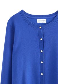 Cardigan blu in tessuto lavorato a maglia, con scollo rotondo, chiusura frontale con cinque bottoni bianchi e polsini a coste.