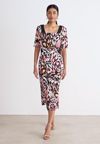 Floral-patterned midi dress featuring short sleeves, square neckline, and a fitted silhouette. Materials include a smooth, colorful fabric.