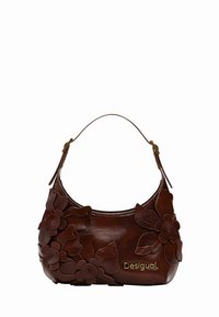 Brown leather handbag with floral appliqués in varying shades, curved design, and a single shoulder strap. Features a logo in gold tone.