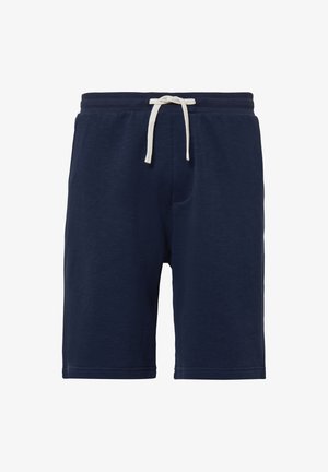 Granatowe szorty wykonane z miękkiego materiału, z elastycznym pasem na sznurku, bocznymi kieszeniami oraz prostym, schludnym wzornictwem. Gładka tekstura.