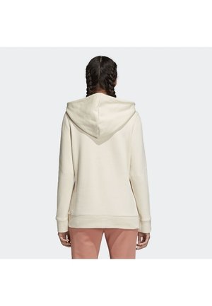 Cream-colored hoodie featuring a drawstring hood, ribbed cuffs and hem, with a relaxed fit, made from soft fabric.