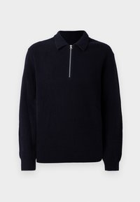 Tumes ribadega kootud pullover, millel on lukk ees, klassikaline krae ja pikad varrukad. Pehme tekstuur ja mugav lõige.