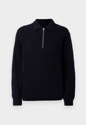 Navy ribbed knit pullover with a zippered front, a classic collar, and long sleeves. Soft texture with a relaxed fit.