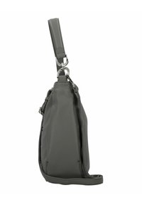 Borsa a spalla grigia in pelle con superficie testurizzata, dotata di una lunga tracolla regolabile e di accessori in metallo. La vista laterale mostra una forma compatta.