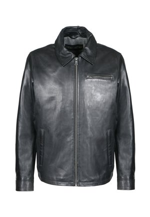 Schwarze Lederjacke mit Kragen, Front-Reißverschluss und einer Reißverschlusstasche auf der linken Brust. Verfügt über eine glatte Textur und Seitentaschen.