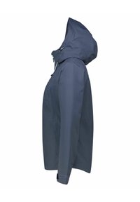 Marinblå vattentät jacka med justerbar huva, framzipper och långa ärmar med handledsremmar, visad i sidoprofil.