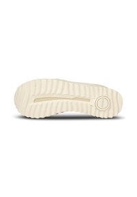 Krämfärgad sneaker sula med texturerade spår och en cirkulär logotyp. Robust gummimaterial med ett räfflat mönster för grepp.