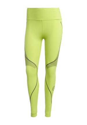 Neon yellow leggings featuring a high waistband, smooth texture, and contrasting black accents with curved lines on the sides.