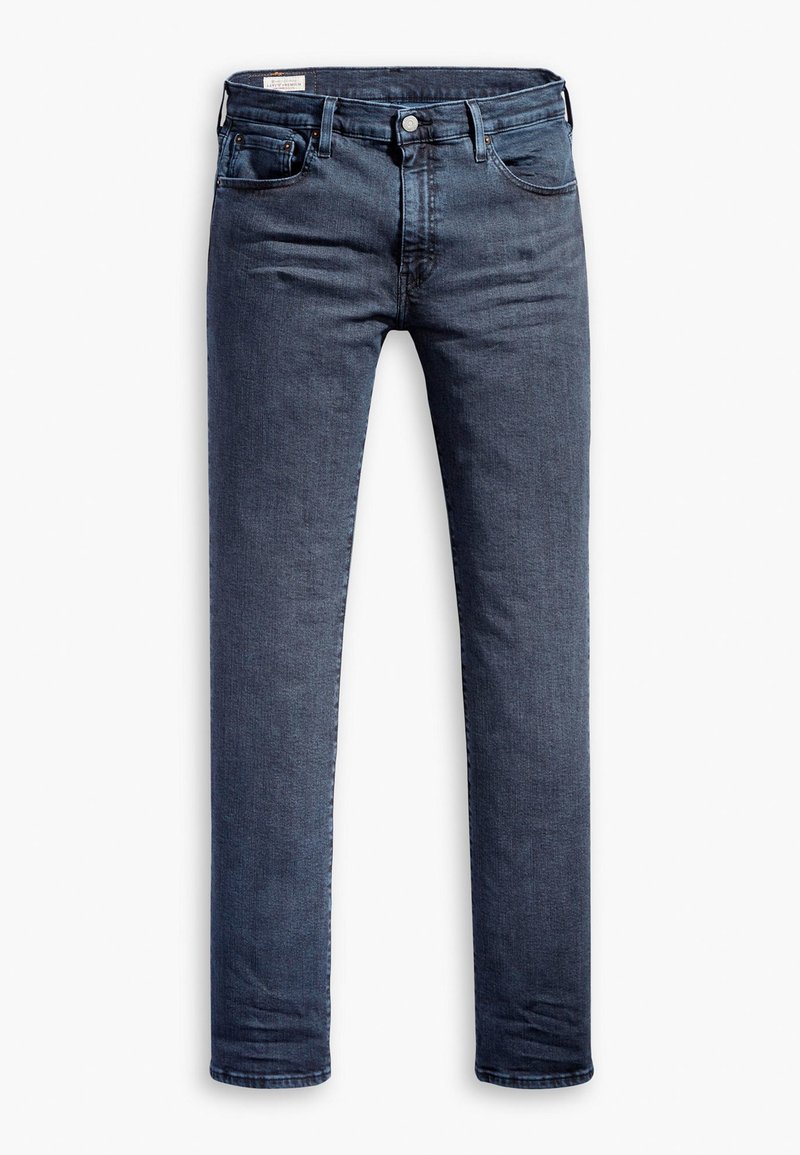 Jean droit bleu foncé en denim avec une texture lisse. Comprend une fermeture à bouton sur le devant, des passants de ceinture et un design classique à 5 poches.