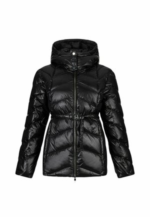 Zwarte pufferjack met een glanzende, doorgestikte afwerking, een hoge kraag, ritssluiting en een ceintuur in de taille voor een verstelbare pasvorm.