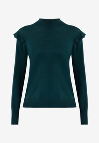 Ciemnoniebieski sweter z wysokim dekoltem, długimi rękawami i falbaniastymi akcentami na ramionach, wykonany z miękkiego materiału dzianinowego, zapewniający gładką fakturę.