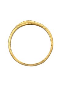 Gold ring with a textured surface, circular shape, and uneven edges, emphasizing a natural and organic design.