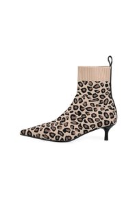 Beiges Leopardenmuster-Ankle-Boot mit einem gestrickten Schaft, spitzem Zehenbereich und einem 6,5 cm hohen schwarzen Absatz; verfügt über eine Zuglasche an der Rückseite.