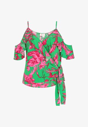 Zöld virágmintás blúz élénk rózsaszín levélmintákkal, fodros részletekkel és hideg vállú ujjakra állítható pántokkal.
