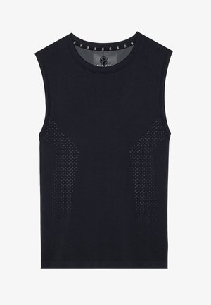 Sleeveless athletic top in black fabric featuring mesh-like dotted panels on the sides. Round neckline with contrasting inner tag detail.
