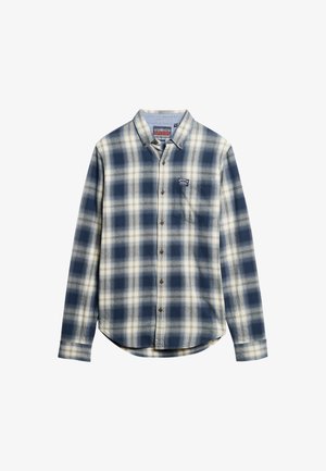 Koszula na guziki z długim rękawem w niebiesko-białą kratę, z kieszenią na piersi i naszywką z logo na tej kieszeni.