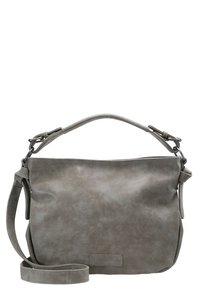 Grijze neplederen schoudertas met een gladde textuur, verstelbare strap en minimalistisch ontwerp; heeft een subtiele logo-opdruk.