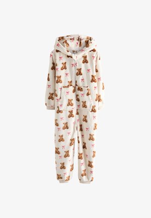 Pijama suave de color crema con capucha, con patrones de ositos marrones y lazos rosas, cremallera frontal y dos grandes bolsillos delanteros.