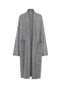 Garšs, atvērta priekšpuses kardigāns mīkstā pelēkā adījumā, ar noliktām plecu šuvēm, divām priekšējām kabatām un ribotām aprocēm, kas nodrošina brīvu piegriezumu.