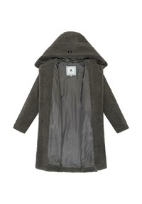 Fuzzy, capuchonjas in donkergrijs met een zachte buitenkant. Binnenzijde gevoerd met glad grijs stof, met een label op de hals.