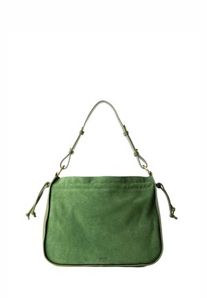 Green suede handbag with a smooth texture, tapered shape, and adjustable strap. Features a simple design and subtle stitching details.