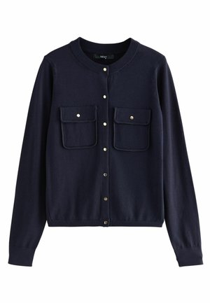 Cardigan blu navy con scollatura tonda, maniche lunghe, due tasche frontali e chiusura con bottoni. Realizzato in un morbido tessuto testurizzato.