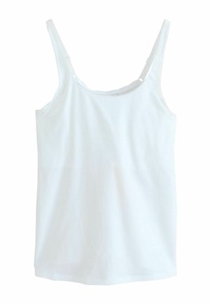 White sleeveless tank top with narrow shoulder straps, displayed flat on a white background.