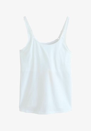 Débardeur blanc sans manches avec bretelles étroites, présenté à plat sur un fond blanc.