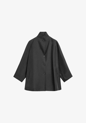 Black coat with a high collar, loose fit, and front button closure. Features side pockets and three-quarter length sleeves. Smooth texture.